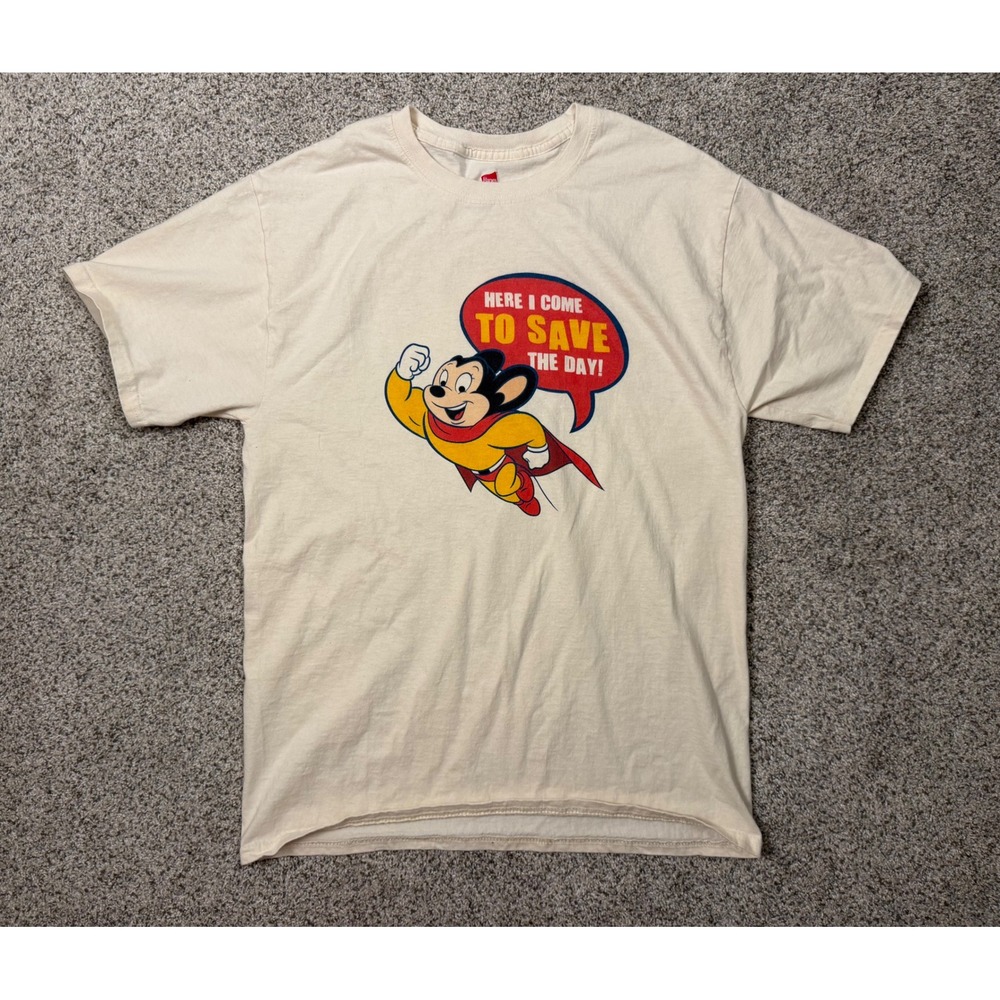 Hanes T-Shirt Mighty Mouse Graphic Medium‎ Cream Cartoon Superhero Retro Tee